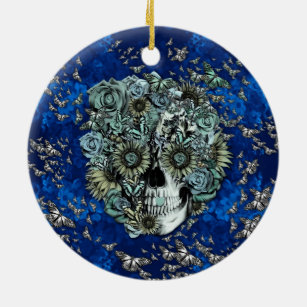 Schädel aus Schmetterlingen in königsblau Keramik Ornament