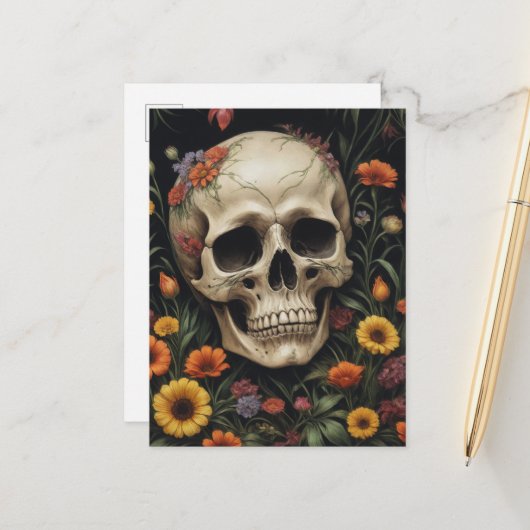 Schädel des Menschen in Blume Postkarte (Vorderseite/Rückseite Beispiel)