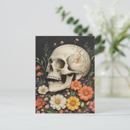 Schädel des Menschen in Blume Postkarte (Stehend Vorderseite)
