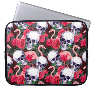 Schädel des Menschen mit Flamingo und rote Rose Bl Laptopschutzhülle