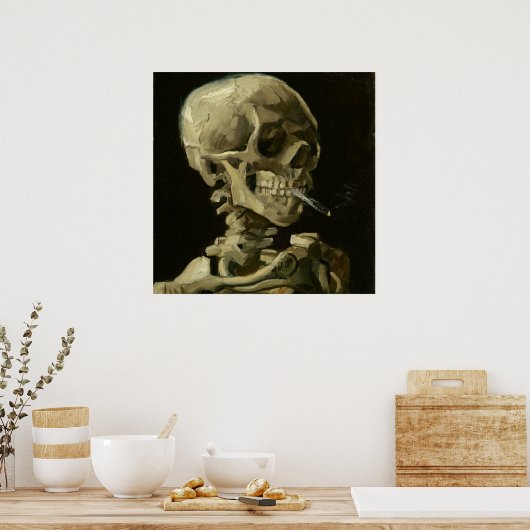 Schädel eines Skeletts mit brennender Zigarette, 1 Poster (Küche)