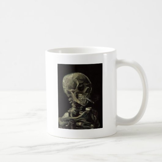 Schädel eines Skeletts mit brennender Zigarette Kaffeetasse (Rechts)