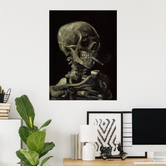 Schädel eines Skeletts mit brennender Zigarette Poster (Heimbüro)