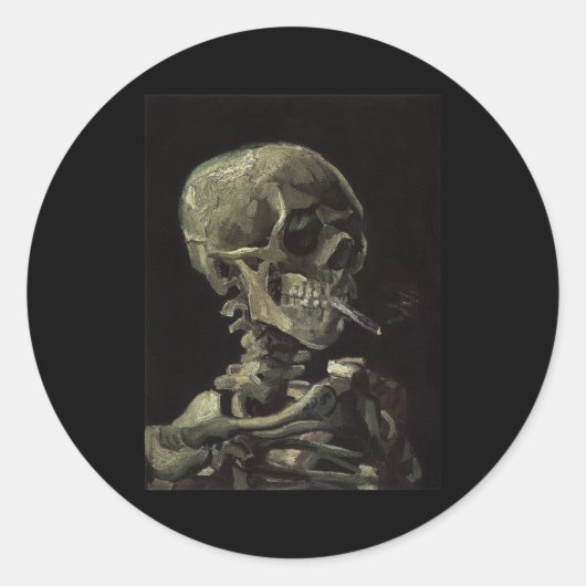 Schädel eines Skeletts mit brennender Zigarette Runder Aufkleber (Vorderseite)