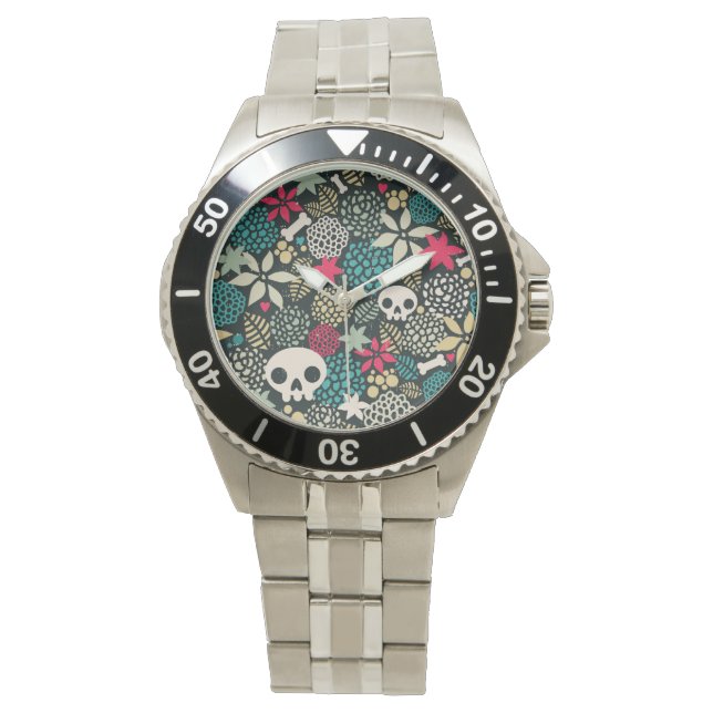 Schädel in Blume Armbanduhr (Vorderseite)