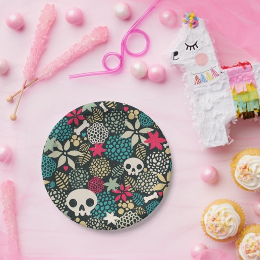 Schädel in Blume Pappteller (Party)