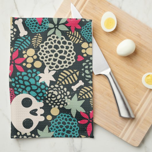 Schädel in den Blumen Geschirrtuch (Viertel Falte)