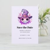 Schädel in einem Hexenhut Whimsical Save The Date (Stehend Vorderseite)