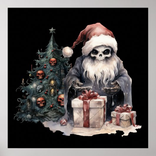 Schädel in Weihnachtsmannmütze mit gotischem Weihn Poster (Vorne)
