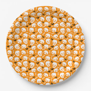 Schädel-Knochen-Fledermaus-Schwarz-Weiß-Orange-Hal Pappteller