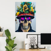 Schädel lächeln mit Hut und Blume | Art der AI Poster (Heimbüro)