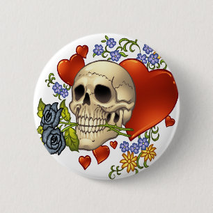 Schädel-Liebe - Schädel, Rosen und Herzen durch  Button