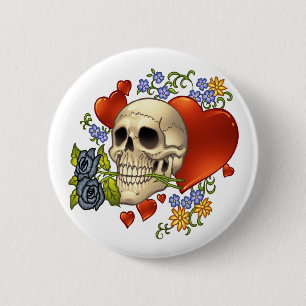 Schädel-Liebe - Schädel, Rosen und Herzen durch  Button