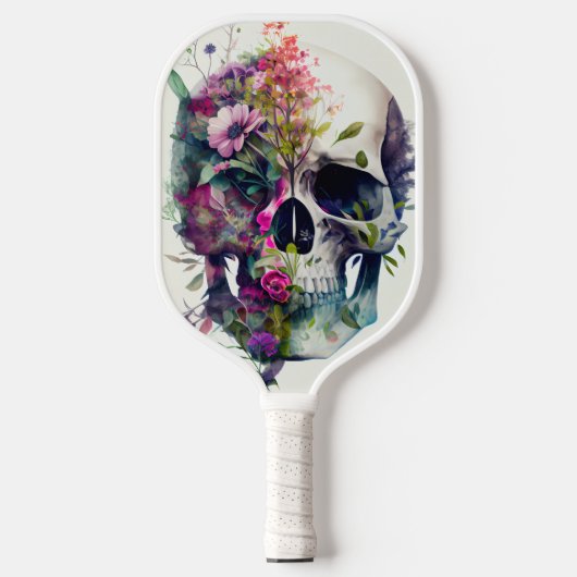 Schädel mit Blume, weißer Hintergrund Pickleball Schläger (Vorderseite)