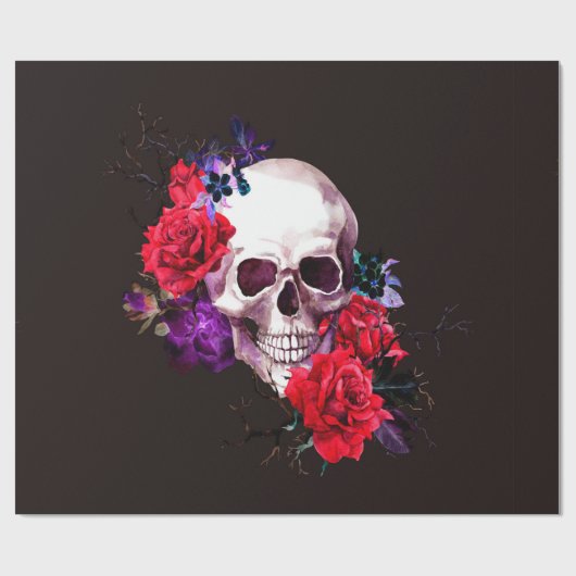 Schädel mit dunklen Blume und rote Rosen Geschenkpapier (Flach)