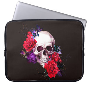 Schädel mit dunklen Blume und rote Rosen Laptopschutzhülle