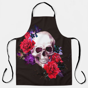 Schädel mit dunklen Blume und rote Rosen Schürze
