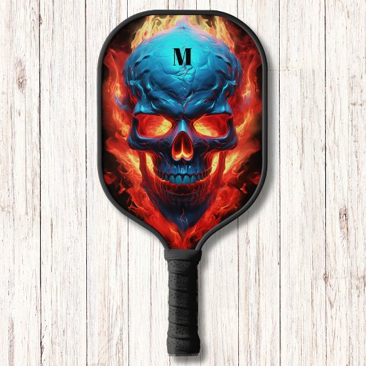 Schädel mit Flammen Modernes Monogramm Pickleball Schläger