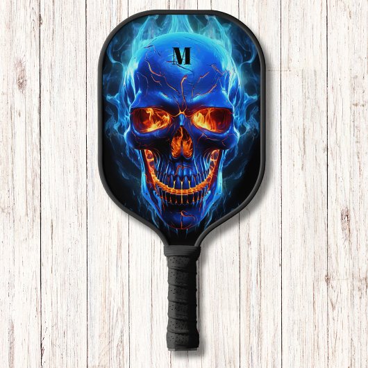 Schädel mit Flammen Schwarz Modernes Monogramm Pickleball Schläger