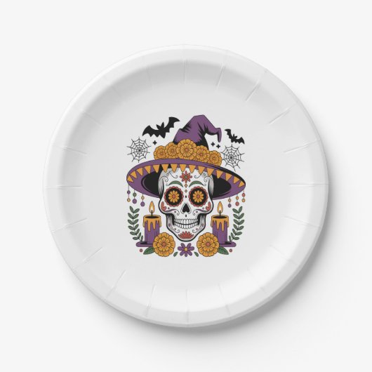 Schädel mit Hexenhutsieb Halloween Vector Pappteller (Vorderseite)