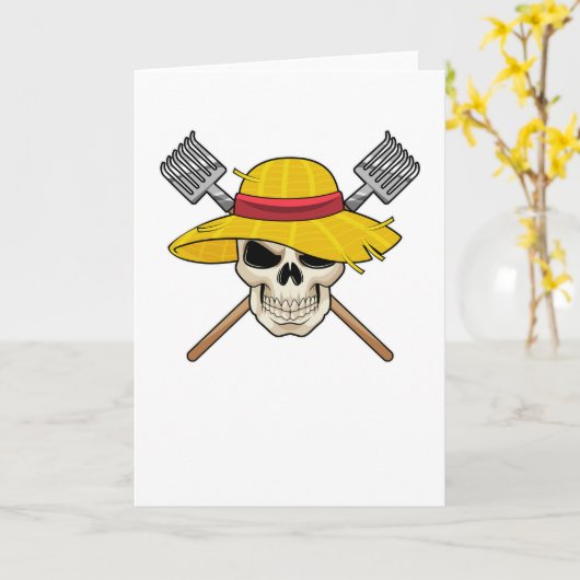 Schädel mit Hut als Bauer mit Rake Karte (Gelbe Blume)