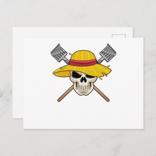 Schädel mit Hut als Bauer mit Rake Postkarte (Vorne/Hinten)