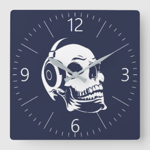 Schädel mit Kopfhörern Quadratische Wanduhr