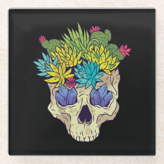 Schädel mit Kristallen und Sukkulturen Glasuntersetzer (Vorderseite)