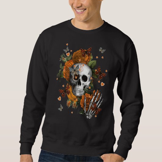 Schädel mit Orange Blume & Schmetterlingen Dunkler Sweatshirt (Vorderseite)