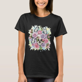 Schädel mit rosa Rosen und Schmetterlingen T-Shirt