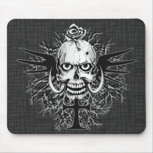 Schädel mit Rose, Hörner, Kreuz, Flügeldarstellung Mousepad