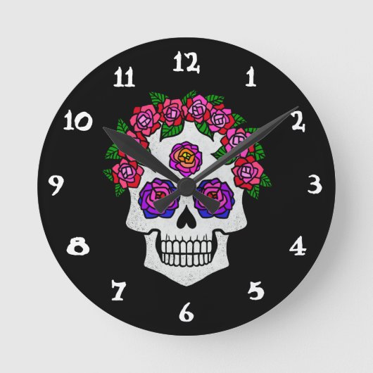 Schädel mit Rose Runde Wanduhr (Vorderseite)