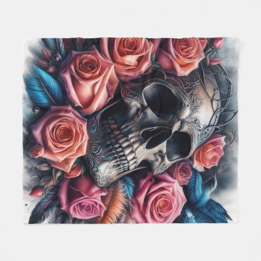 Schädel mit Rose und Bluebird Fleecedecke (Vorderseite (Horizontal))