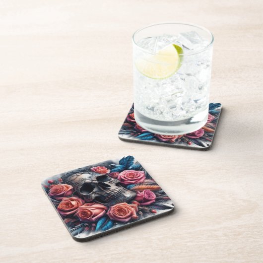 Schädel mit Rose und Bluebird Getränkeuntersetzer (Rechte Seite)