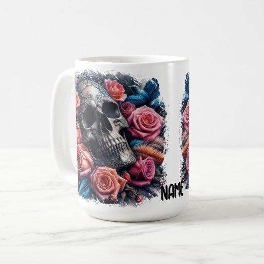Schädel mit Rose und Bluebird Kaffeetasse (Vorderseite Links)