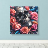 Schädel mit Rose und Bluebird Leinwanddruck (Insitu (Holzboden))