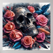 Schädel mit Rose und Bluebird Poster (Vorne)
