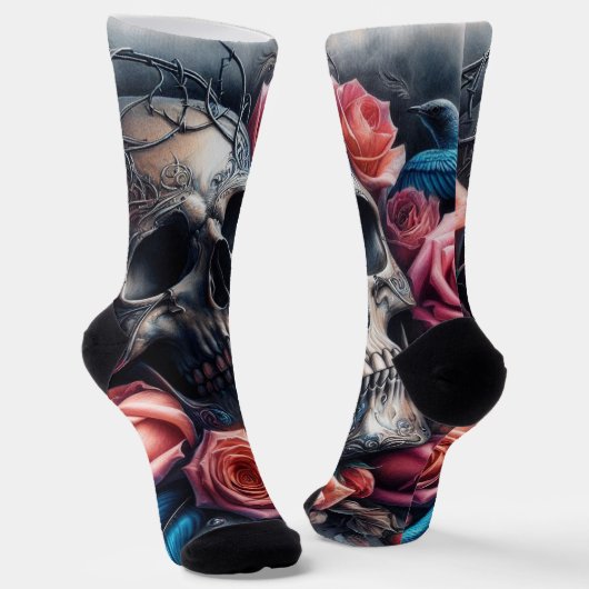 Schädel mit Rose und Bluebird Socken (Gewinkelt)