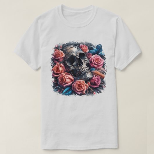 Schädel mit Rose und Bluebird T-Shirt (Design vorne)