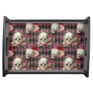 Schädel mit Rosen und rosa lila Checkered Serviertablett