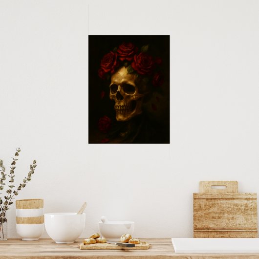 Schädel mit Rote Rosen Poster (Küche)