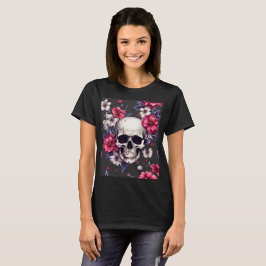 Schädel mit roten Blume T-Shirt (Vorne ganz)