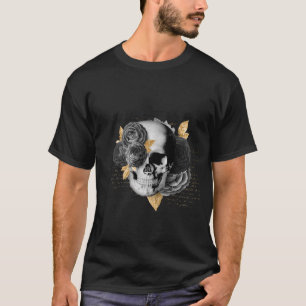 Schädel mit schwarzen Blume und goldenen Blätter T-Shirt