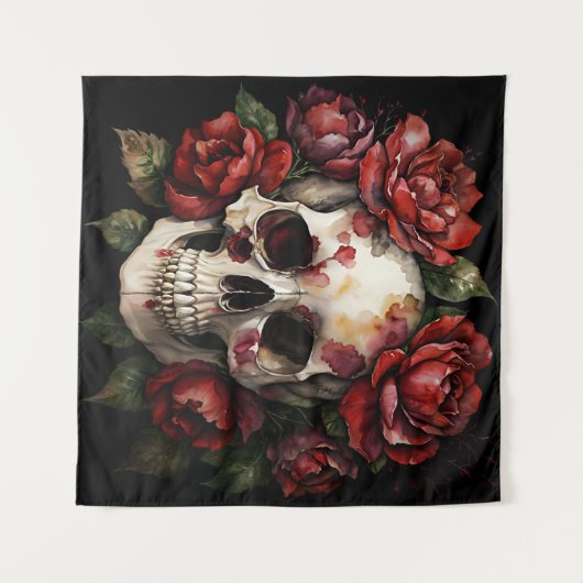 Schädel mit schwarzen Rote Rosen Wandteppich (Vorderseite (Horizontal))