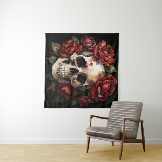 Schädel mit schwarzen Rote Rosen Wandteppich (Beispiel (Horizontal))