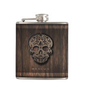 Schädel-Rolle auf Imitat-hölzernem strukturiertem Flachmann (Vorderseite)