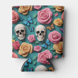 Schädel Rose und Schmetterlinge Aquamarin Dosenkühler
