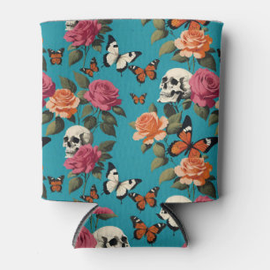 Schädel Rose und Schmetterlinge Blüten Aquamarin Dosenkühler