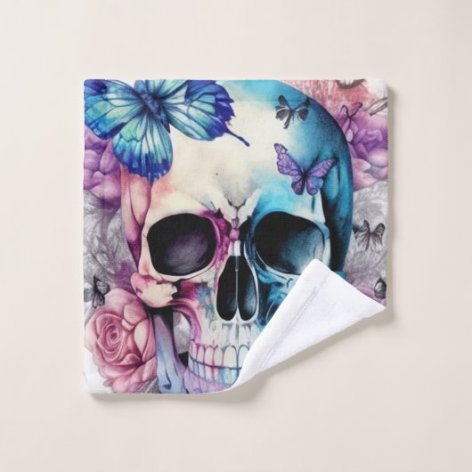 Schädel, Rose und Schmetterlinge Waschlappen (Waschlappen)