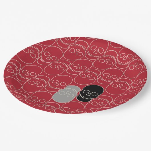 Schädel - Rot und Knochen weiß Pappteller (Schrägansicht)